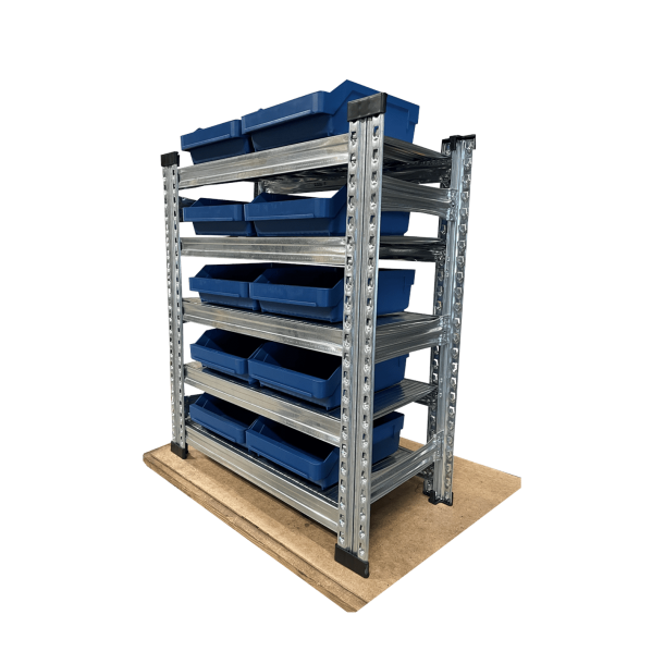 Lagerreol inkl. 28 kasser  H: 1972 mm, L: 900 mm, D: 400 mm