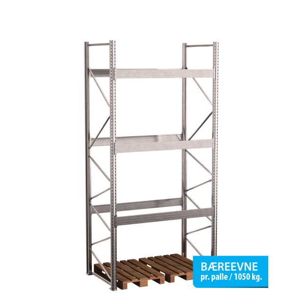 Pallereol startfag med 3 brelag  H: 4000 mm, L: 1800 mm, D: 1100 mm  Breevne 1050 kg