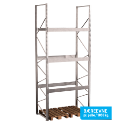 Pallereol startfag med 3 brelag  H: 4500 mm, L: 1800 mm, D: 1100 mm  Breevne 1050 kg